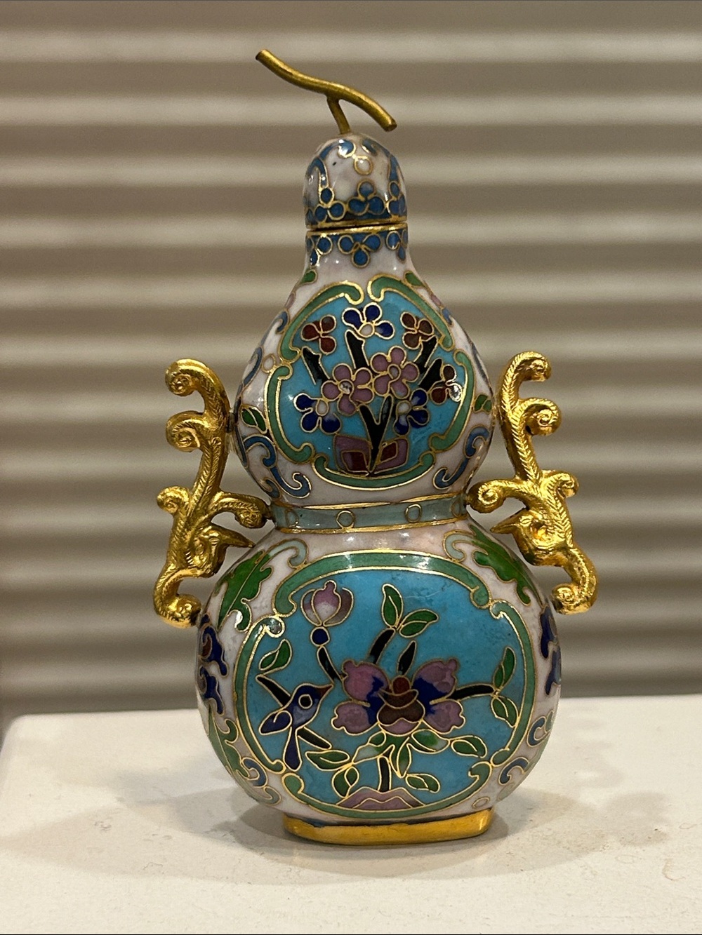 Decorative Turquoise Cloisonné Gourd Vase with Gold Accents